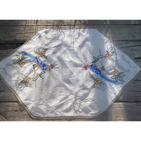 Arts & Crafts Linen Embroidery Table Runner Dresser Scarf Set Bird Of Paradise - Picture 2 of 16